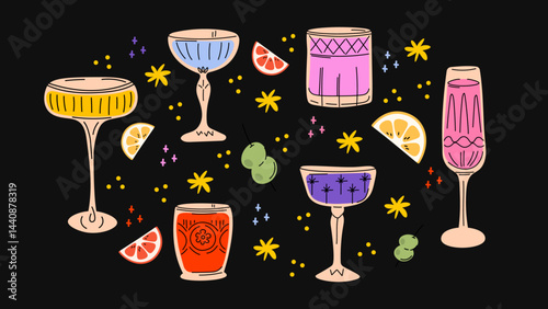 Playful hippie cocktails — hand-drawn summer drinks in colorful glasses, drinkware, tumblers, jars, flutes, cups, and goblets