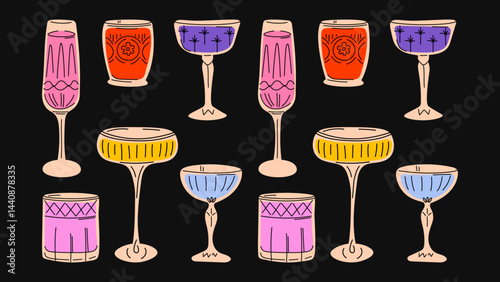 Retro cartoon cocktails — hand-drawn summer drinks in funky glasses, goblets, tumblers, vessels, drinkware, flutes, and cups, all in hippie groovy style