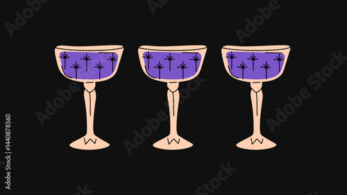 Vintage hand-sketched cocktails — hippie drinks in retro glasses, drinkware, goblets, vessels, flutes, tumblers, and jars