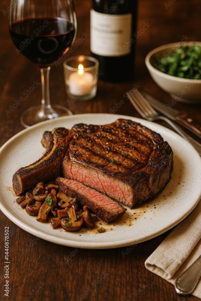 Deliciously Grilled Ribeye Steak Served With Mushrooms and Red Wine in a Cozy Dining Setting