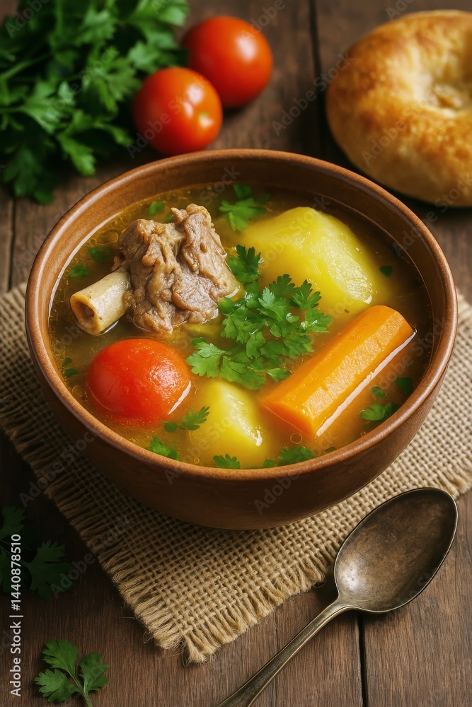 Warm Hearty Stew With Vegetables and Meat Served in a Rustic Bowl in a Cozy Kitchen Setting