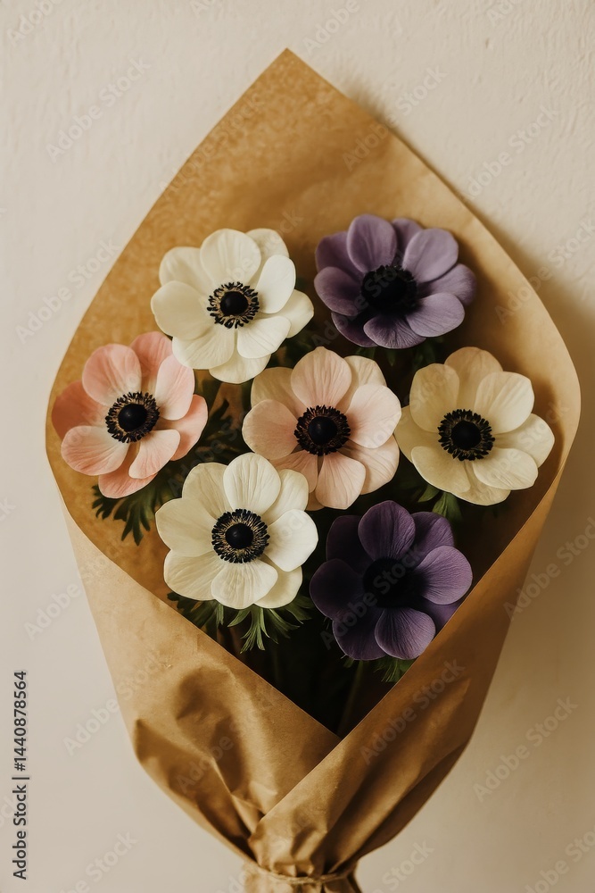 Bouquet of White Anemone Flowers Wrapped in Simple Craft Paper