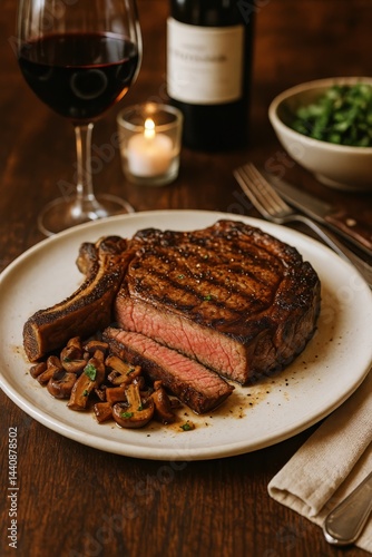 Obraz na płótnie Deliciously Grilled Ribeye Steak Served With Mushrooms and Red Wine in a Cozy Dining Setting w salonie