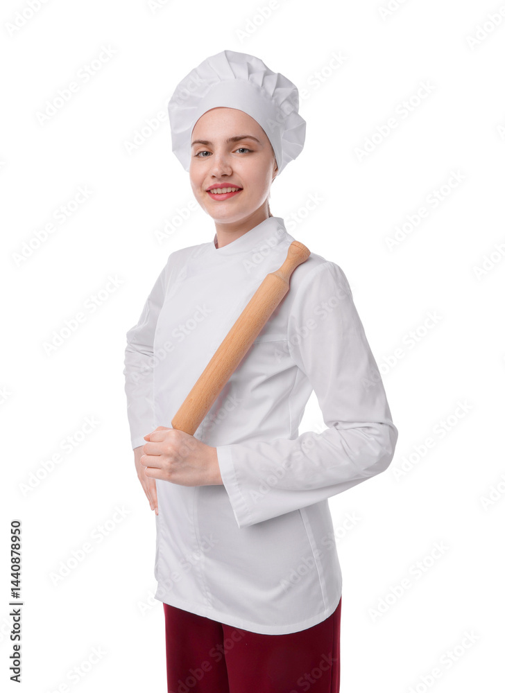 Happy confectioner in uniform with rolling pin on white background Happy confectioner in uniform with rolling pin on white background
