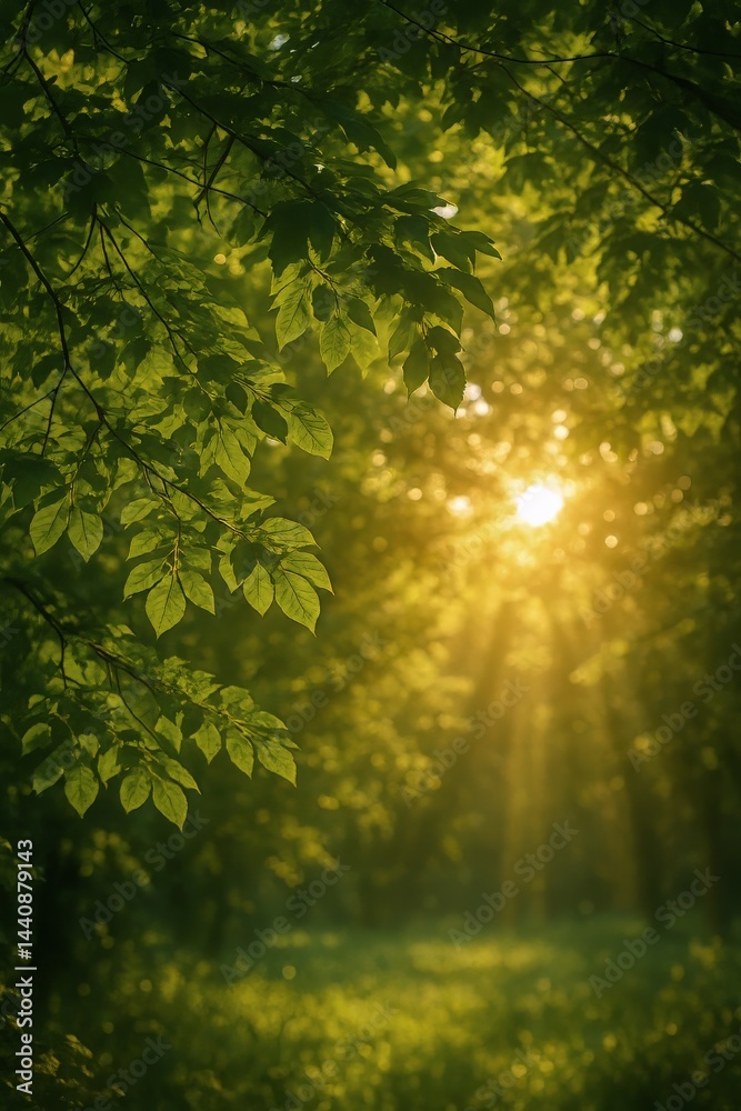 Sunlight Filtering Through Green Leaves in a Forest During Late Afternoon