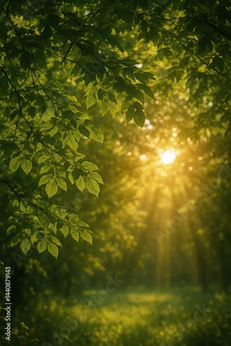 Obraz na płótnie Sunlight Filtering Through Green Leaves in a Forest During Late Afternoon w salonie
