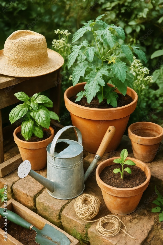 Gardening Tools and Flowers Displayed in a Sunlit Garden During Springtime