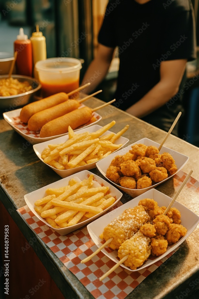 Delicious Fair Food Served at a Vibrant Food Stall With Snacks and Treats