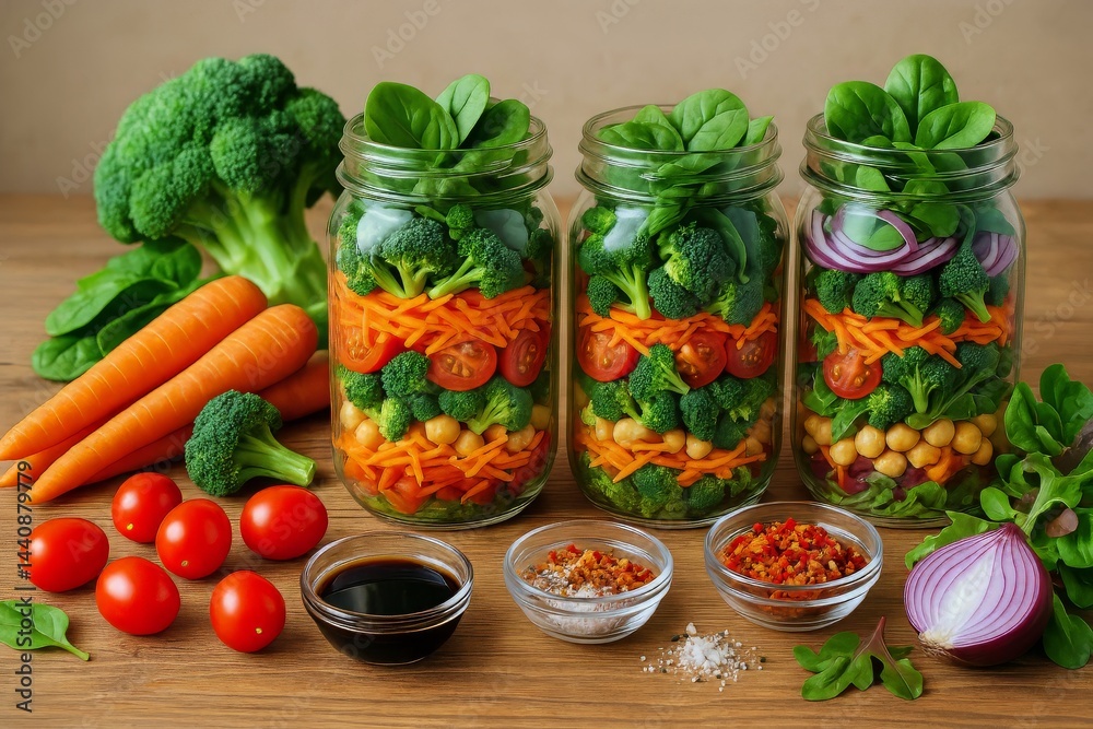 Healthy Vegetable Jars Prepared With Fresh Ingredients and Arranged on a Wooden Surface