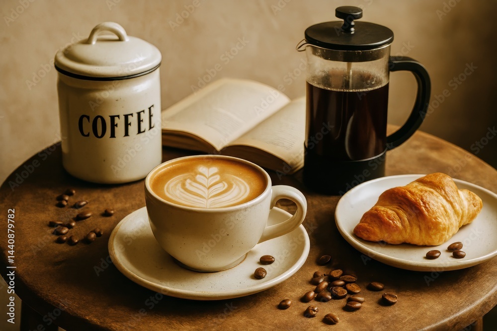 Morning Coffee With Croissant and Fresh Brew on a Wooden Table With a Book Open Nearby