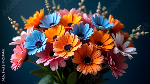 A vibrant bouquet of colorful flowers displaying shades of orange, pink, and blue against a dark background.