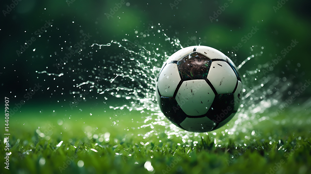 Naklejka premium Macro football flying mid-pass with rain droplets streaking from surface