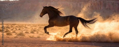 Majestic horse galloping through a desert landscape.