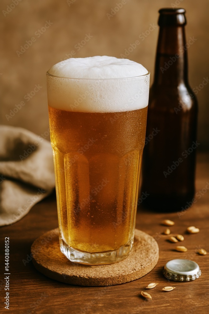 Refreshing Beer Served in a Frosty Mug With Wheat Background in Warm Lighting