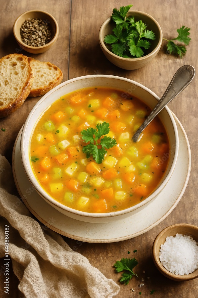 Delicious Vegetable Soup in a Bowl With Fresh Herbs and Rustic Bread on a Table