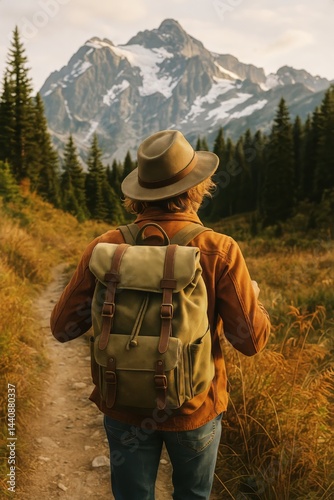 Exploring a Mountain Trail at Sunset With a Backpack in the Wilderness