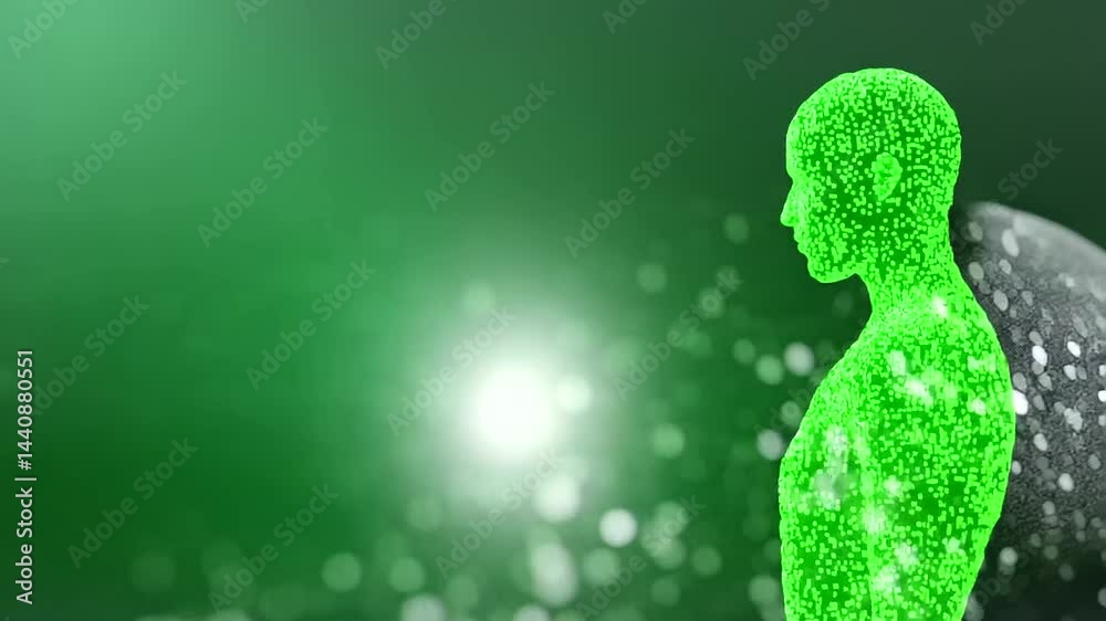 Digital Human Silhouette in Green Binary Numbers and Dark Background