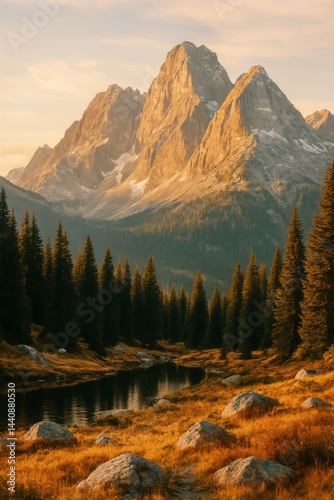 Majestic Mountain Range Reflects in Tranquil River During Golden Hour in Sere...