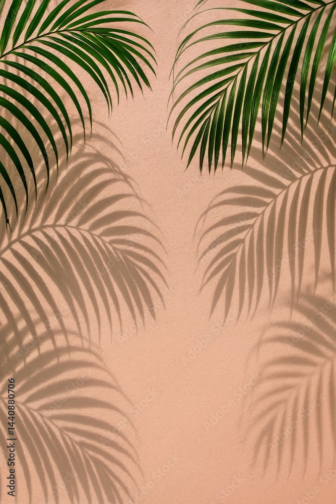 Shadows of Green Palm Leaves Create Interesting Patterns on a Pastel Background