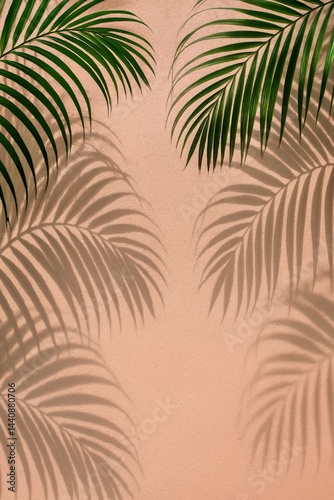 Obraz na płótnie Shadows of Green Palm Leaves Create Interesting Patterns on a Pastel Background w salonie