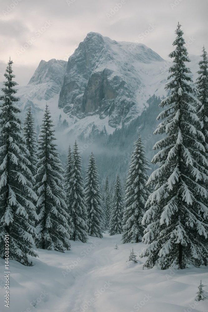 Snowy Mountain Landscape With Trees and a Winding Path in the Winter Afternoon