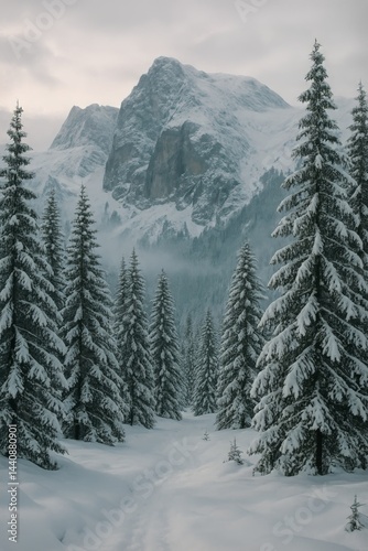 Snowy Mountain Landscape With Trees and a Winding Path in the Winter Afternoon