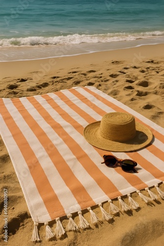 Obraz na płótnie Relaxing Beach Day With Straw Hat and Sunglasses on a Warm Sandy Shore w salonie