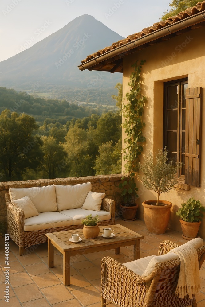 Cozy Outdoor Seating Area With Mountain View at Sunset in a Serene Environment