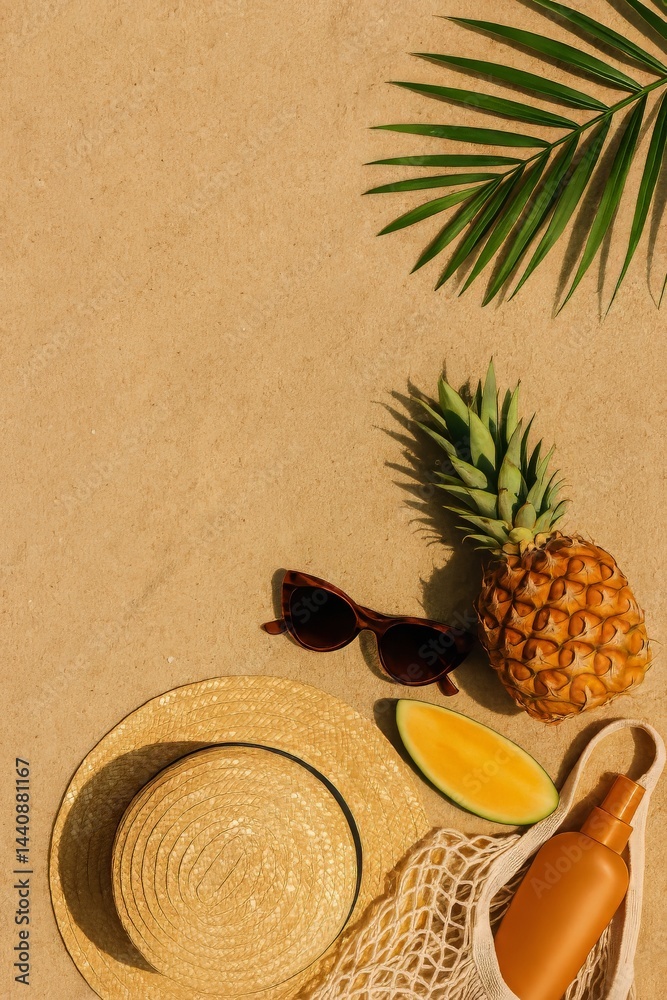Relaxing Day at the Beach With Tropical Fruits and Summer Essentials on Sandy Shore