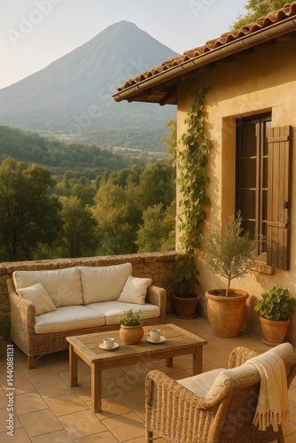 Obraz na płótnie Cozy Outdoor Seating Area With Mountain View at Sunset in a Serene Environment w salonie