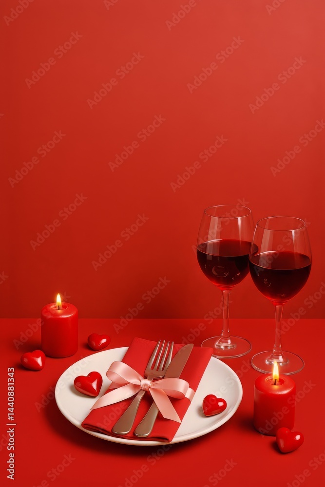 Romantic Dinner Setup With Red Decor, Candles, and Wine on a Festive Table