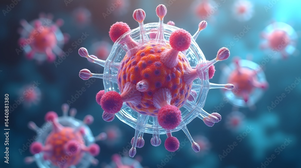 A vivid illustration of a virus, showcasing its complex structure and vibrant colors.