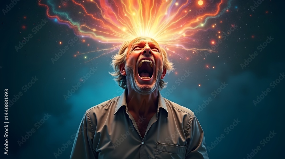 A senior Caucasian man screams passionately, with vibrant cosmic energy radiating from his head, symbolizing creativity and intense emotion.