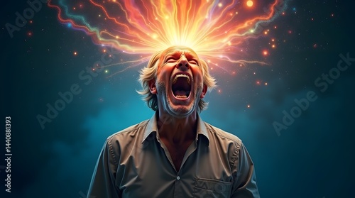 Obraz na płótnie A senior Caucasian man screams passionately, with vibrant cosmic energy radiating from his head, symbolizing creativity and intense emotion. w salonie