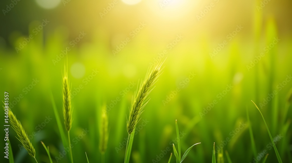 Close-up of vibrant green grass illuminated by warm sunlight, creating a serene and refreshing atmosphere.