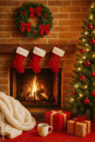 Obraz na płótnie Cozy Holiday Setting With Stockings, a Christmas Tree, and Festive Decorations in a Warm Living Room w salonie