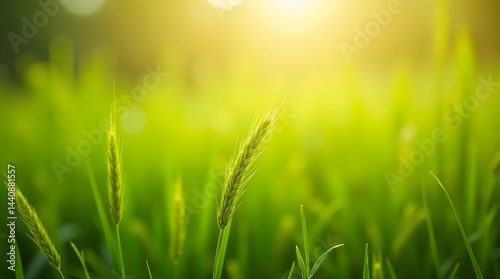 Obraz na płótnie Close-up of vibrant green grass illuminated by warm sunlight, creating a serene and refreshing atmosphere. w salonie