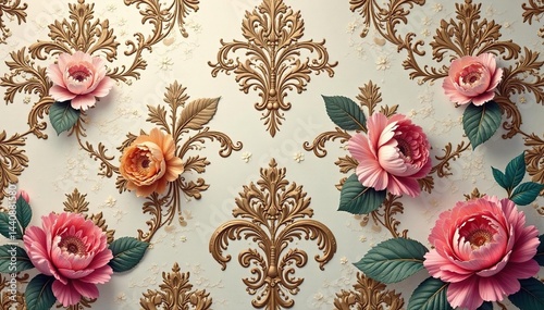 Intricate floral damask wallpaper, faded elegance, decor, shabby, home
