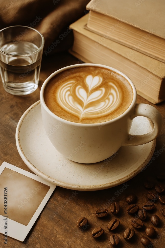Beautiful Latte Art With Coffee Beans and a Book in a Cozy Setting