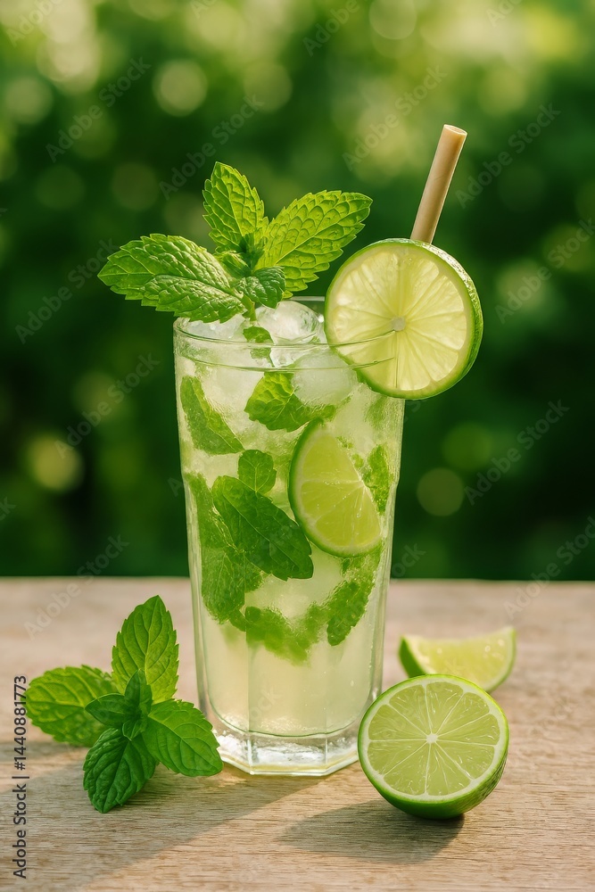 Refreshing Mojito Cocktail With Mint and Lime on a Wooden Table in a Garden Setting