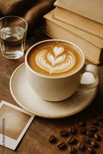 Obraz na płótnie Beautiful Latte Art With Coffee Beans and a Book in a Cozy Setting w salonie