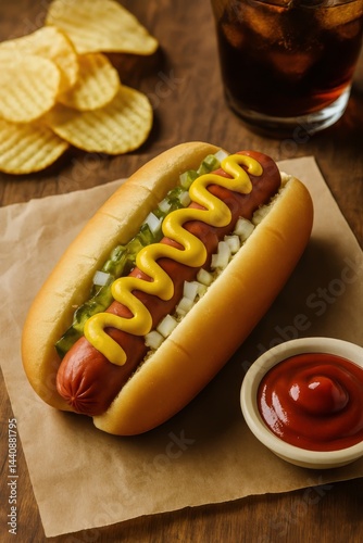 Enjoying a Tasty Hot Dog With Mustard on a Checkered Tray in a Casual Dining ...
