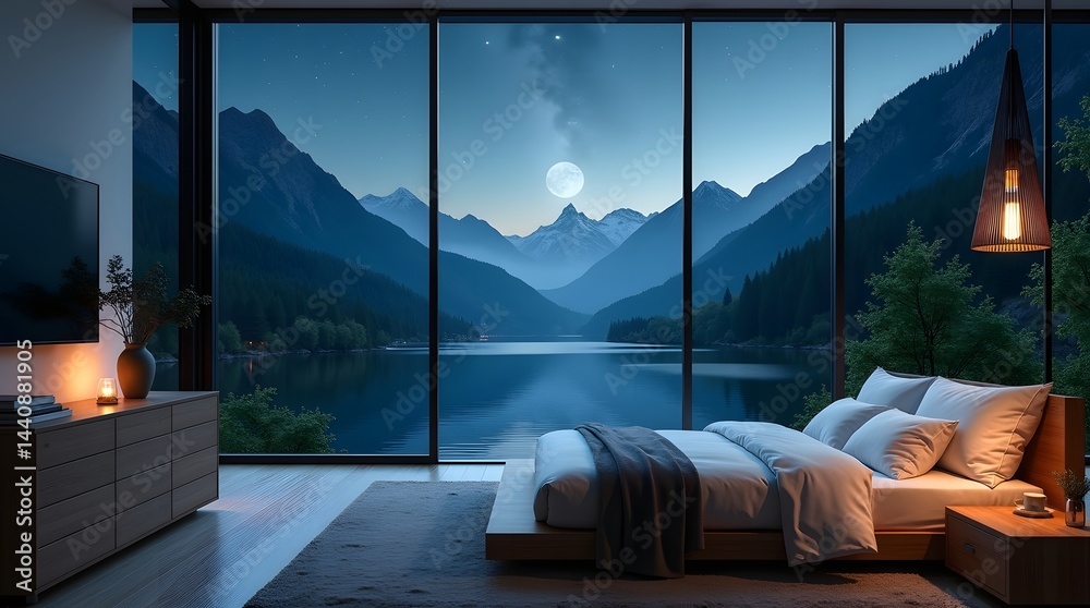 Serene bedroom with a stunning mountain view under moonlight, perfect for relaxation.