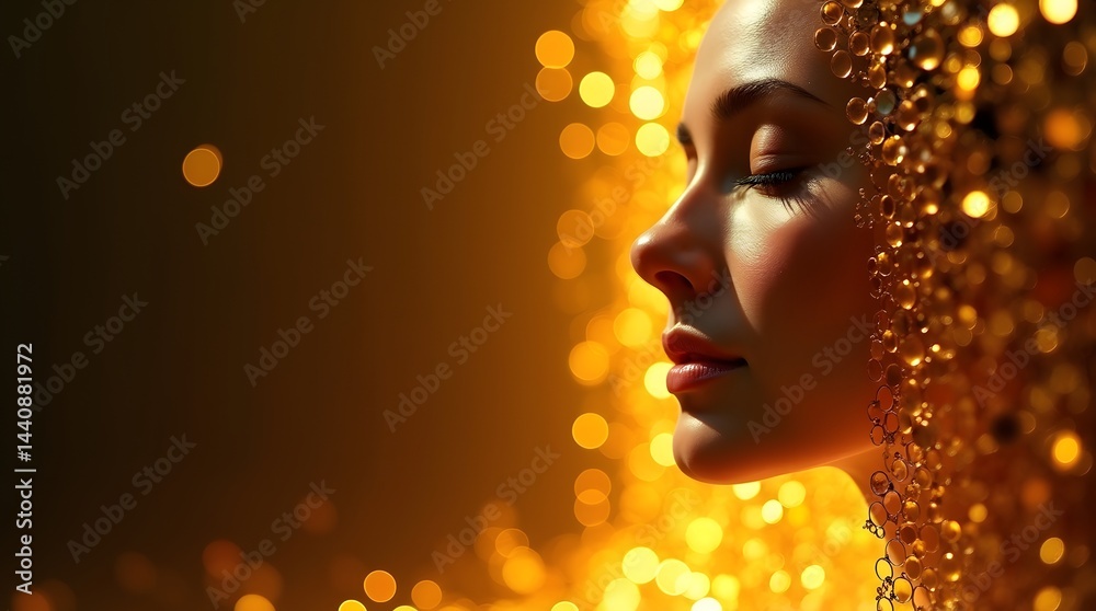 A serene Asian woman in profile, illuminated by golden bokeh light, exuding a tranquil and ethereal mood.
