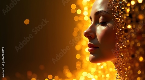 Obraz na płótnie A serene Asian woman in profile, illuminated by golden bokeh light, exuding a tranquil and ethereal mood. w salonie