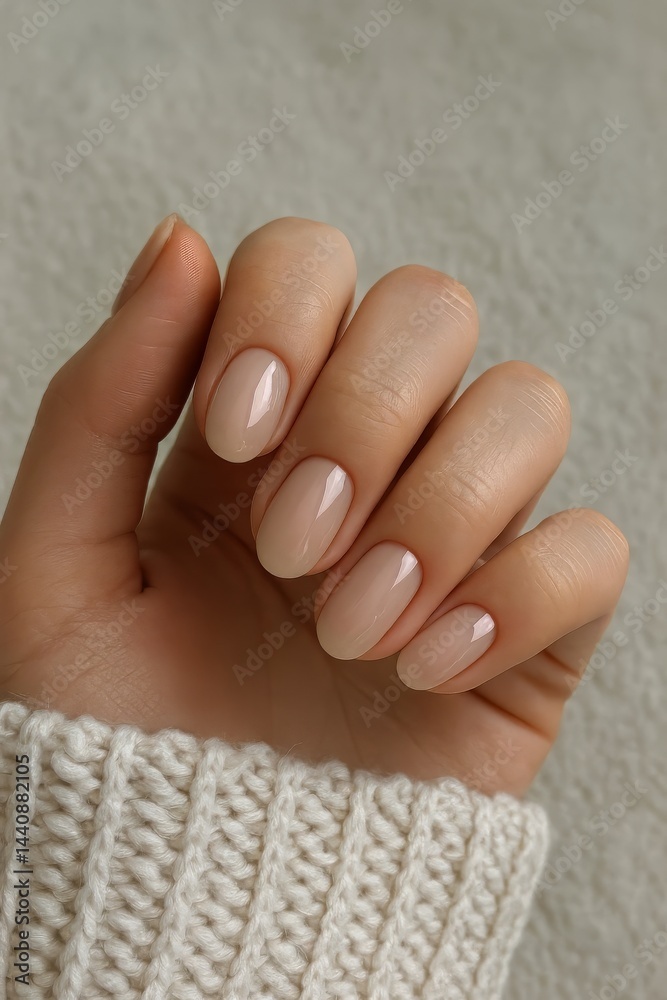 Beautifully Manicured Hand Showcasing Nude Nail Polish With Cozy Sweater in Soft Lighting