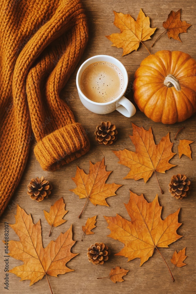 Cozy Autumn Setting With Warm Sweater, Coffee, Pumpkin, and Fallen Leaves on Wooden Table