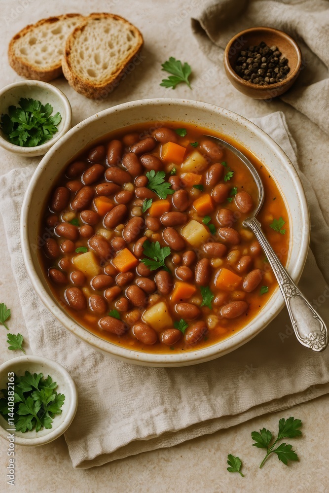 Delicious Bean and Vegetable Stew Served With Fresh Herbs and Bread in a Cozy Kitchen Setting