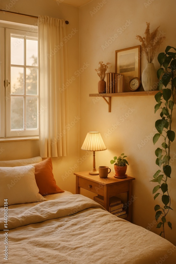 Cozy Bedroom With Natural Light and Warm Decor in the Early Evening
