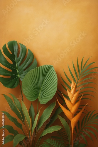 Vibrant Tropical Leaves and Floral Arrangements Against a Warm Yellow Backdro...